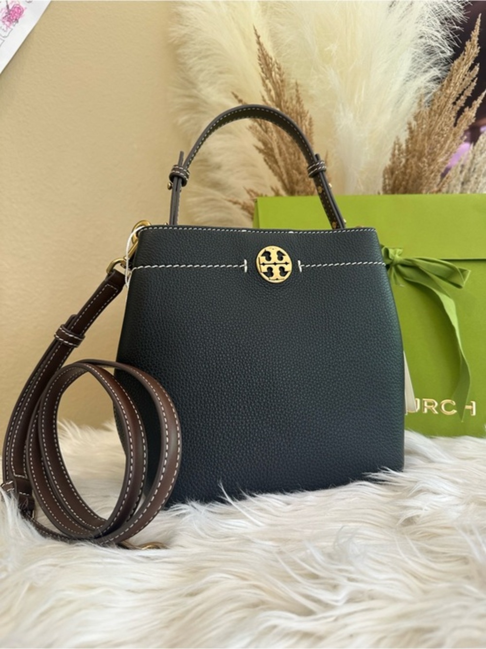 Tory Burch Black Leather Bucket Shoulder Bag with Gold Logo